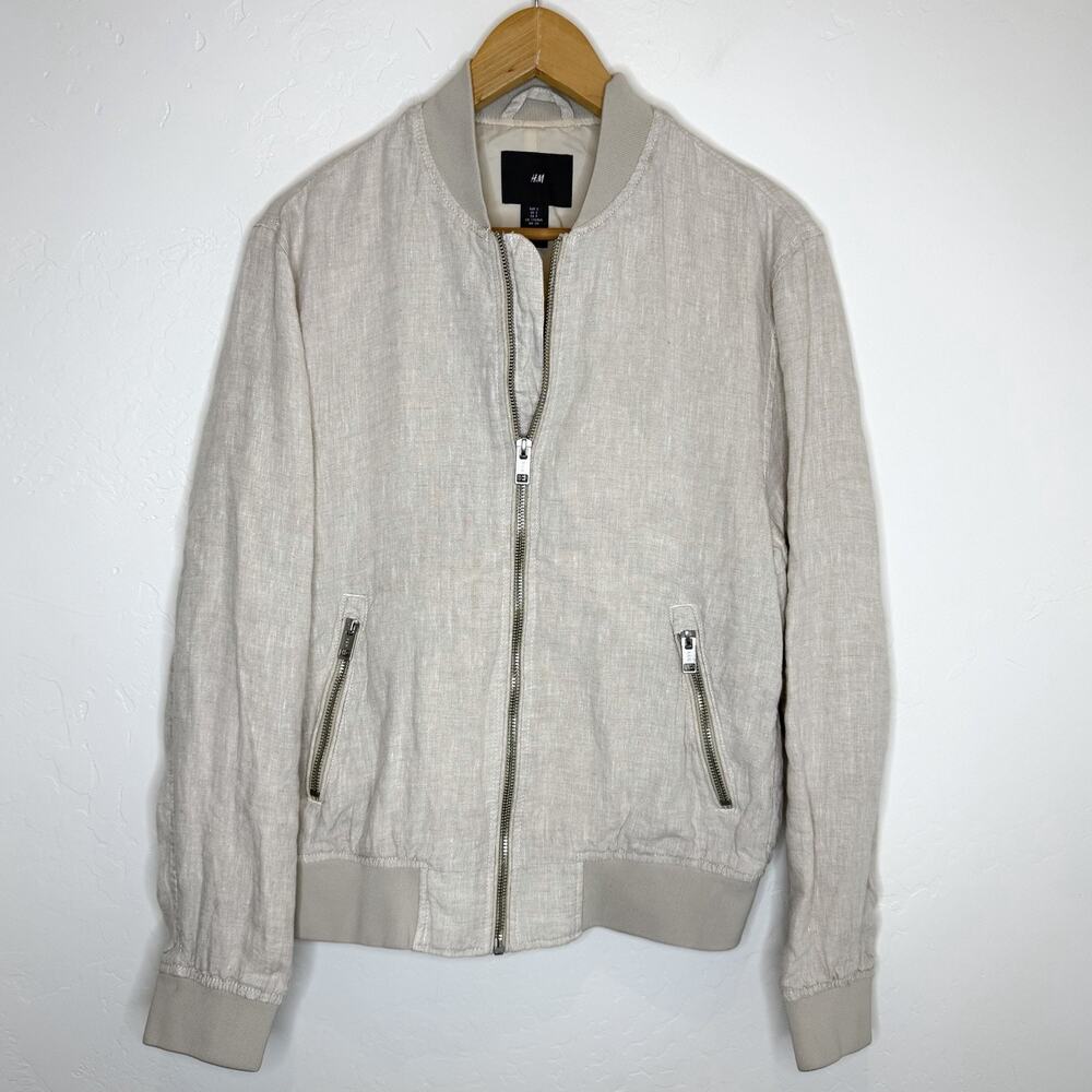 H&M Linen Zip Up Bomber Jacket Men’s Small Beige Lightweight